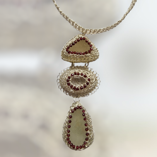 2 Silver Necklace-tie &quot;Red in Fog&quot; with sea glass and  garnet embedded in CroShaped© wire pattern.