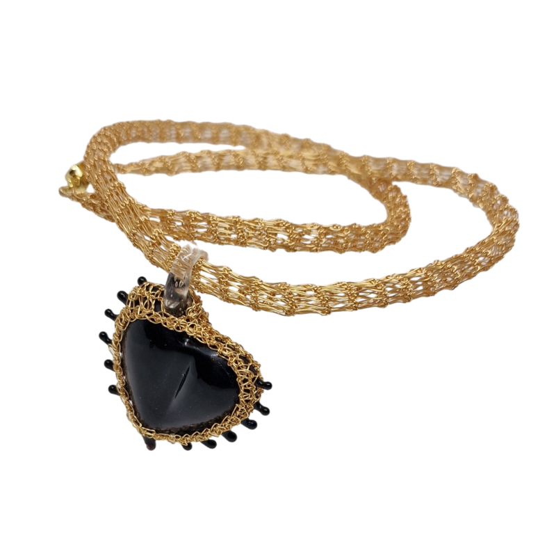 Gold Necklace &quot;Black Heart&quot; hand CroShaped© from wire.