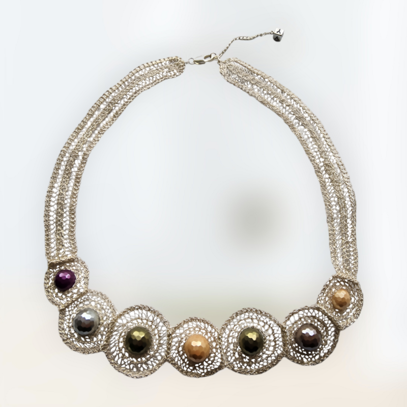 16 Silver Necklace &quot;The Only One&quot; with shell pearls embedded in CroShaped© wire pattern.