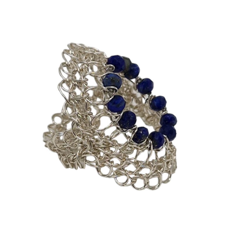 8 Silver Ring &quot;Oneline Lapis&quot; hand CroShaped© in signature wire pattern.