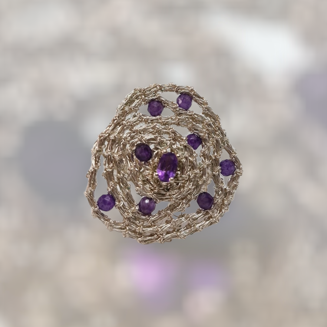 3 Silver Ring &quot;Purple Swirl&quot; with amethyst hand CroShaped© in distinctive wire pattern