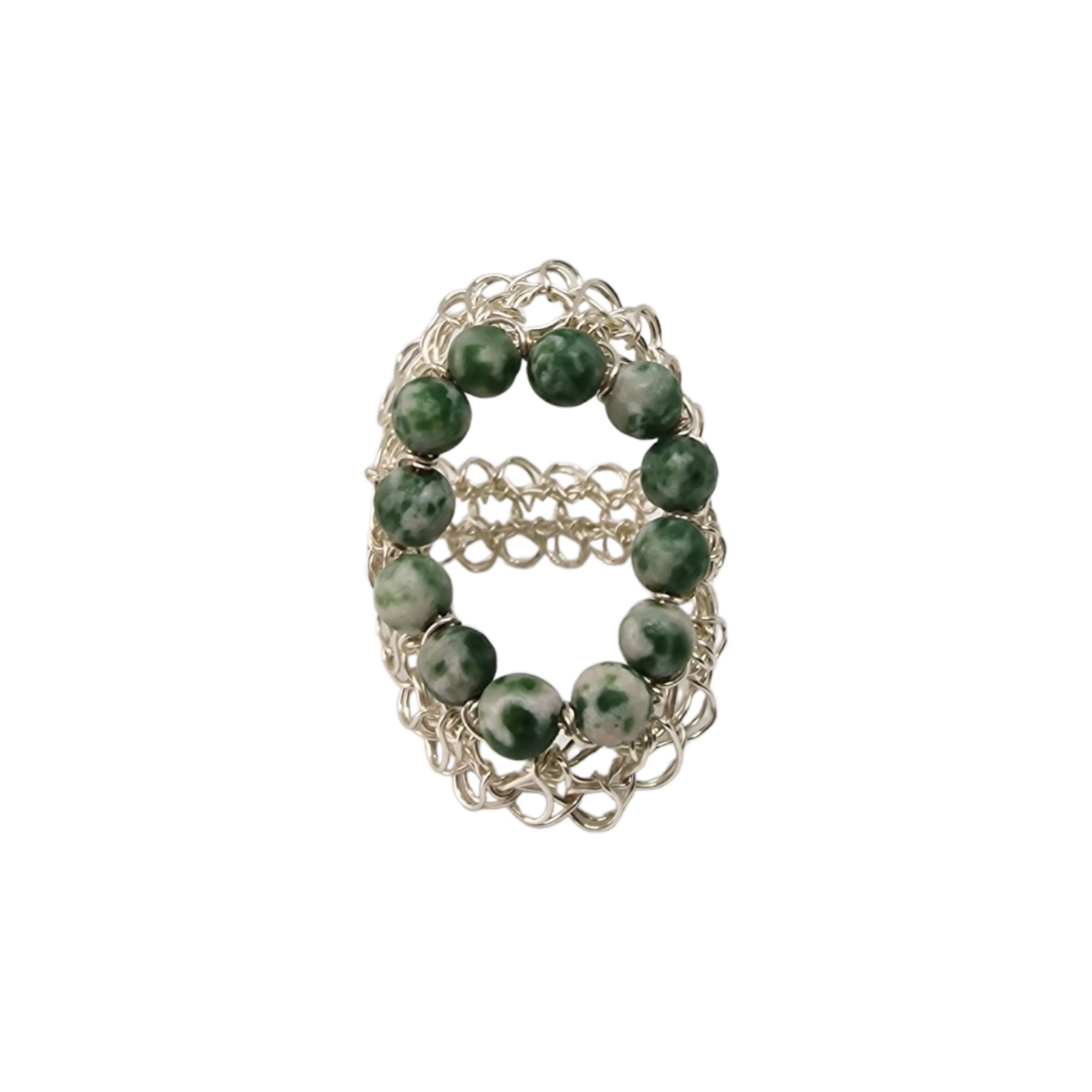 8 Silver Ring &quot;Oneline Moss Agate&quot; hand CroShaped© in signature wire pattern.