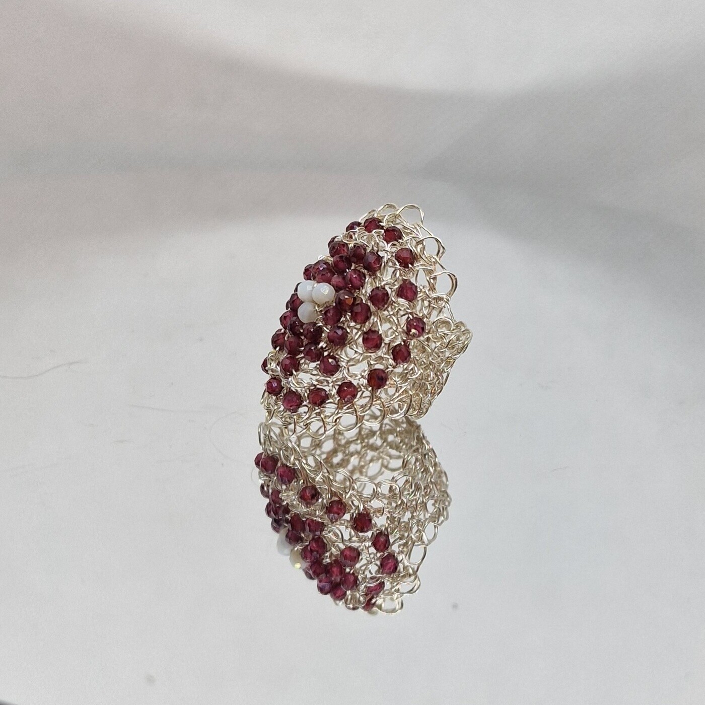 3 Silver Ring  &quot;Berries&quot; with garnet hand CroShaped© in filigree wire pattern 