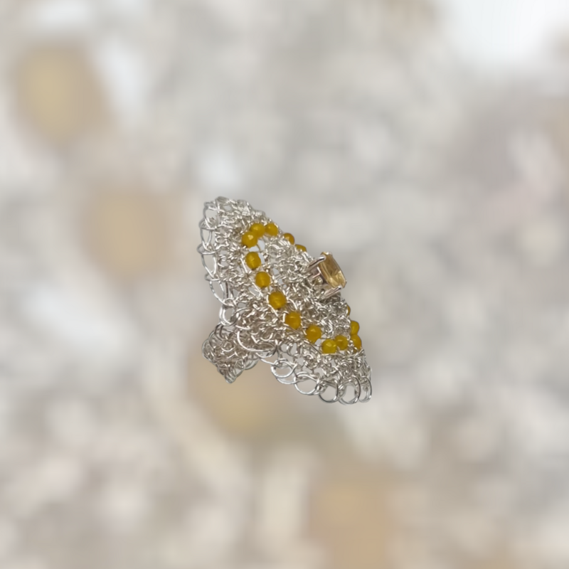 3 Silver Ring &quot;Lemonade&quot; with citrine hand CroShaped© in distinctive wire pattern.