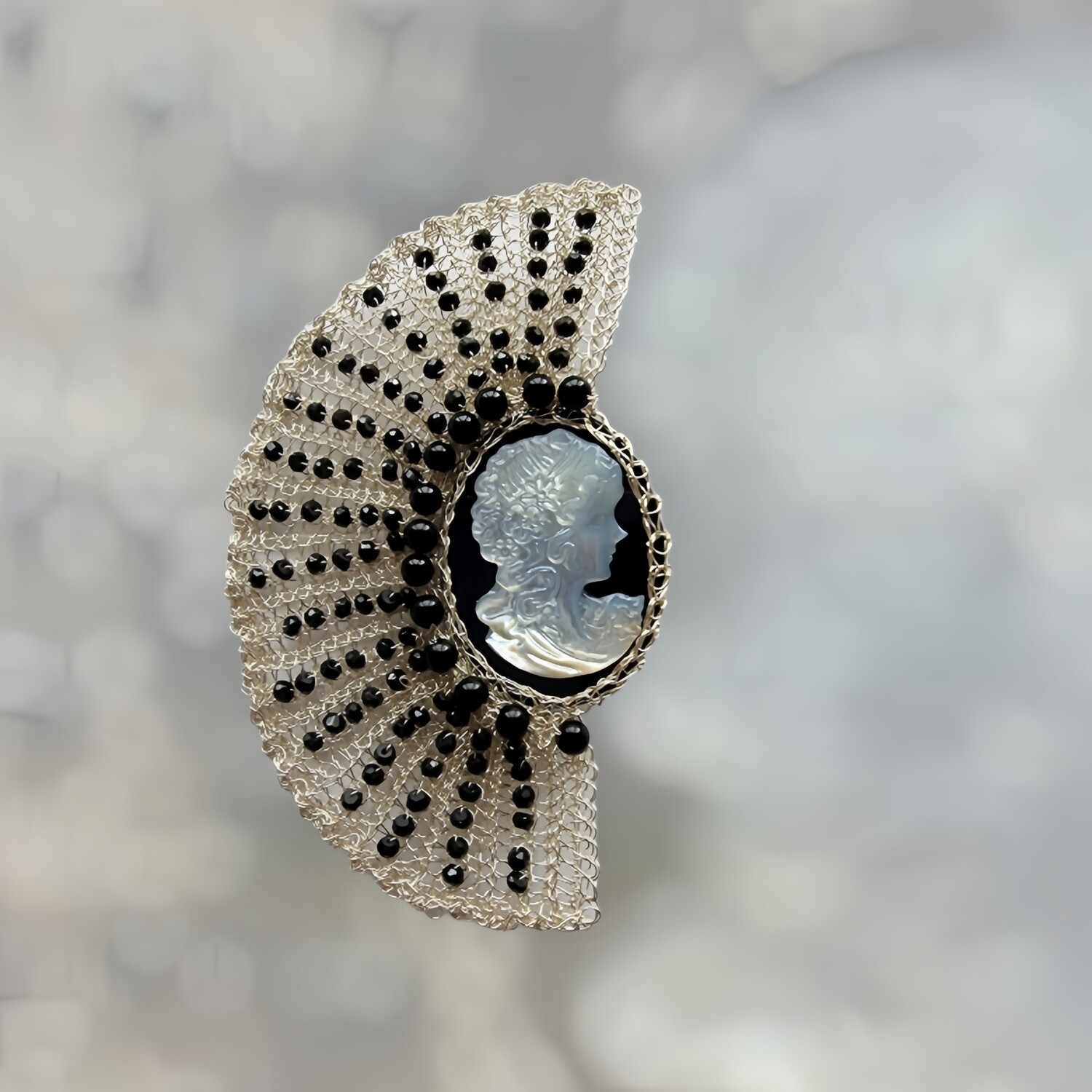 10 Silver Brooch &quot;Goddess&quot; with black agate and  mother of pearl cameo hand CroShaped© by hands signature wire pattern.