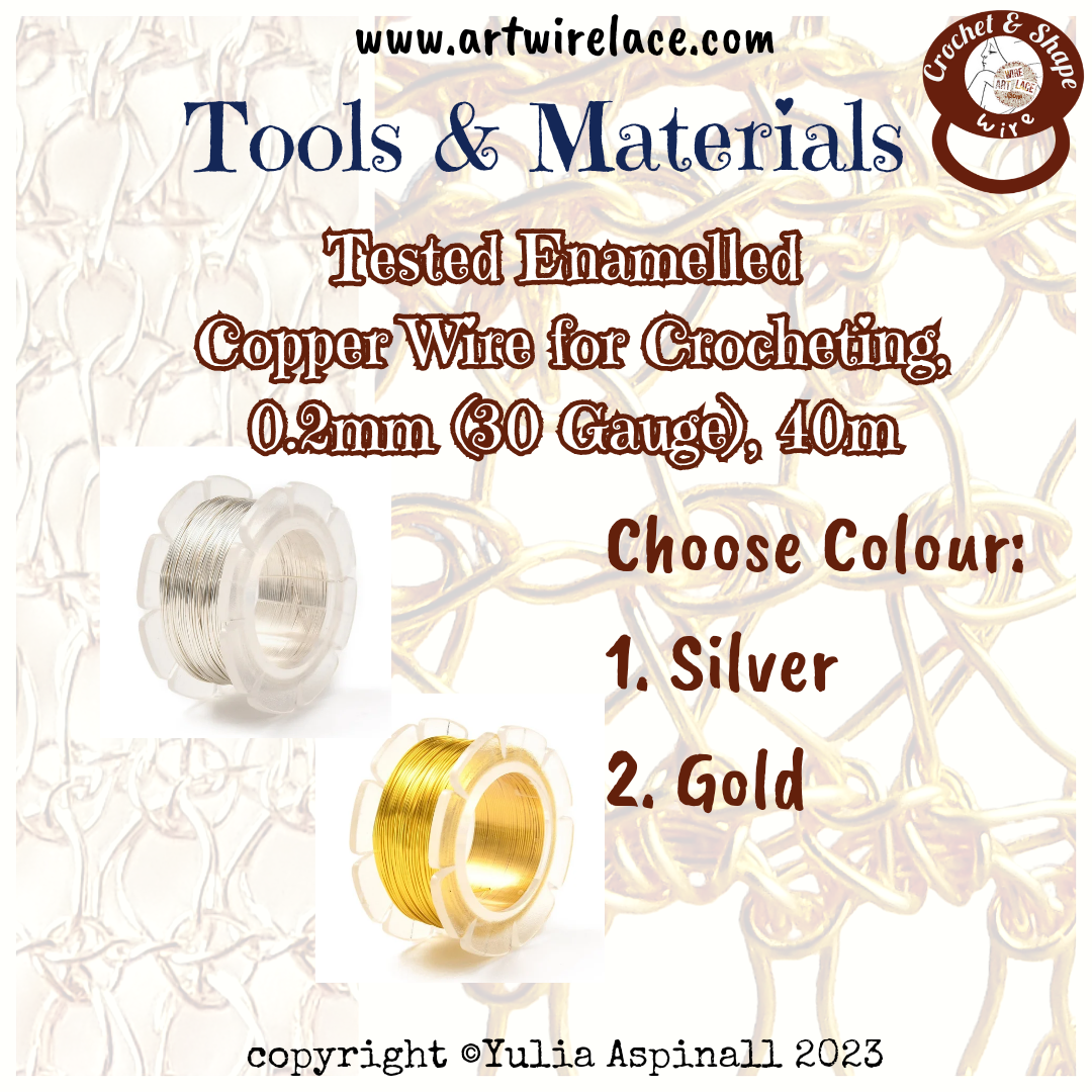 Wire to Crochet &amp; Shape, 30 Gauge (0.2mm), 20 m, anti tarnish copper silver or gold plated. 