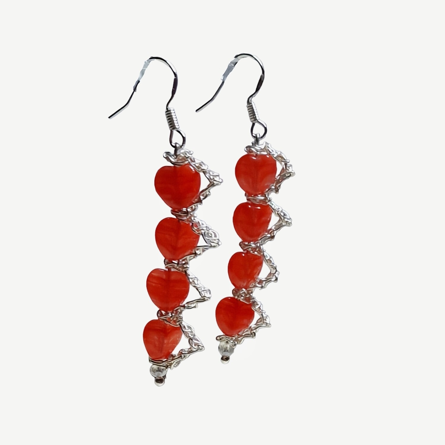 Silver Earrings &quot;Zig Zags of Love&quot; with red hearts hand CroShaped© in signature wire pattern.