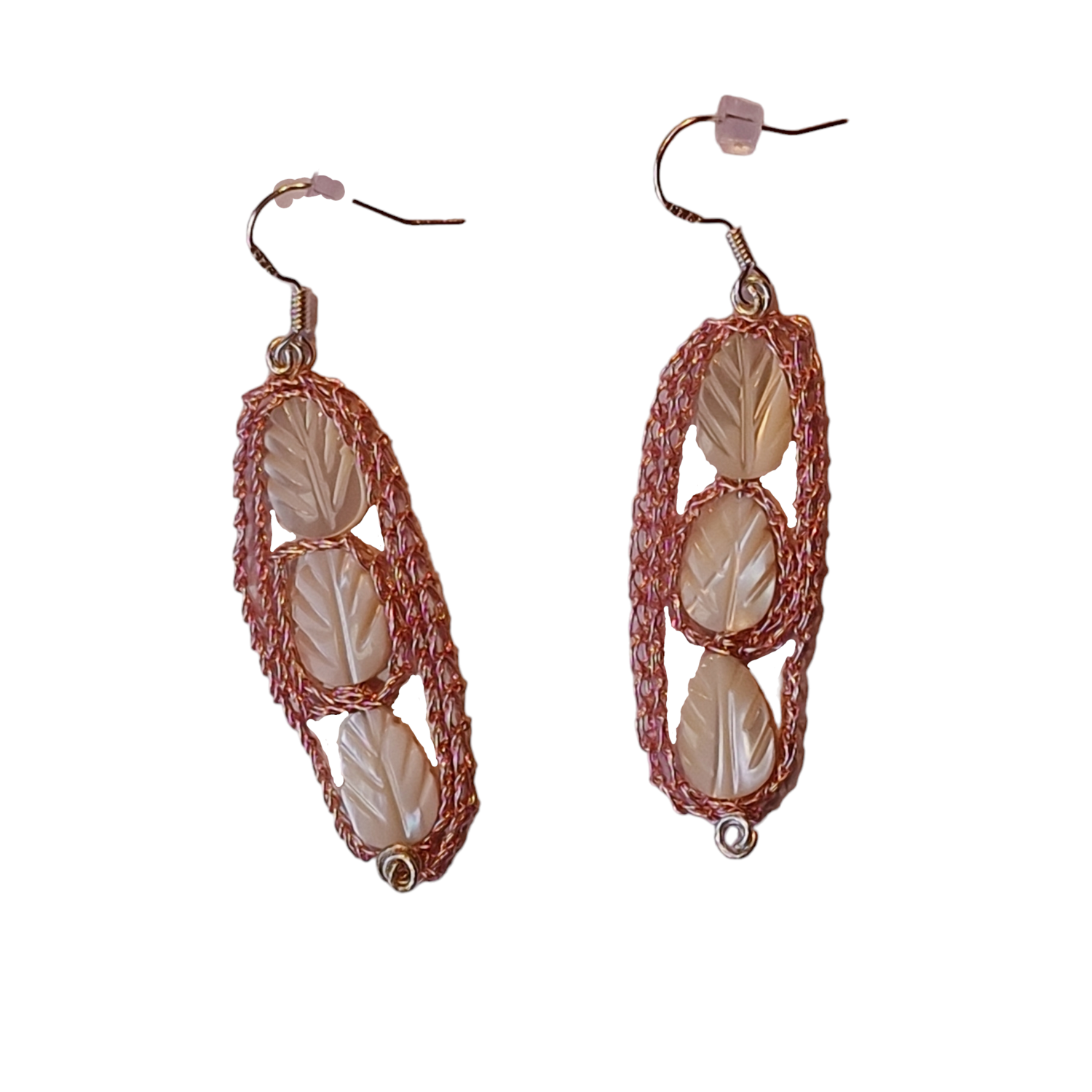 Rose Gold Earrings &quot;Leafs&quot; with carved mother of pearls and CroShaped© in signature wire pattern.