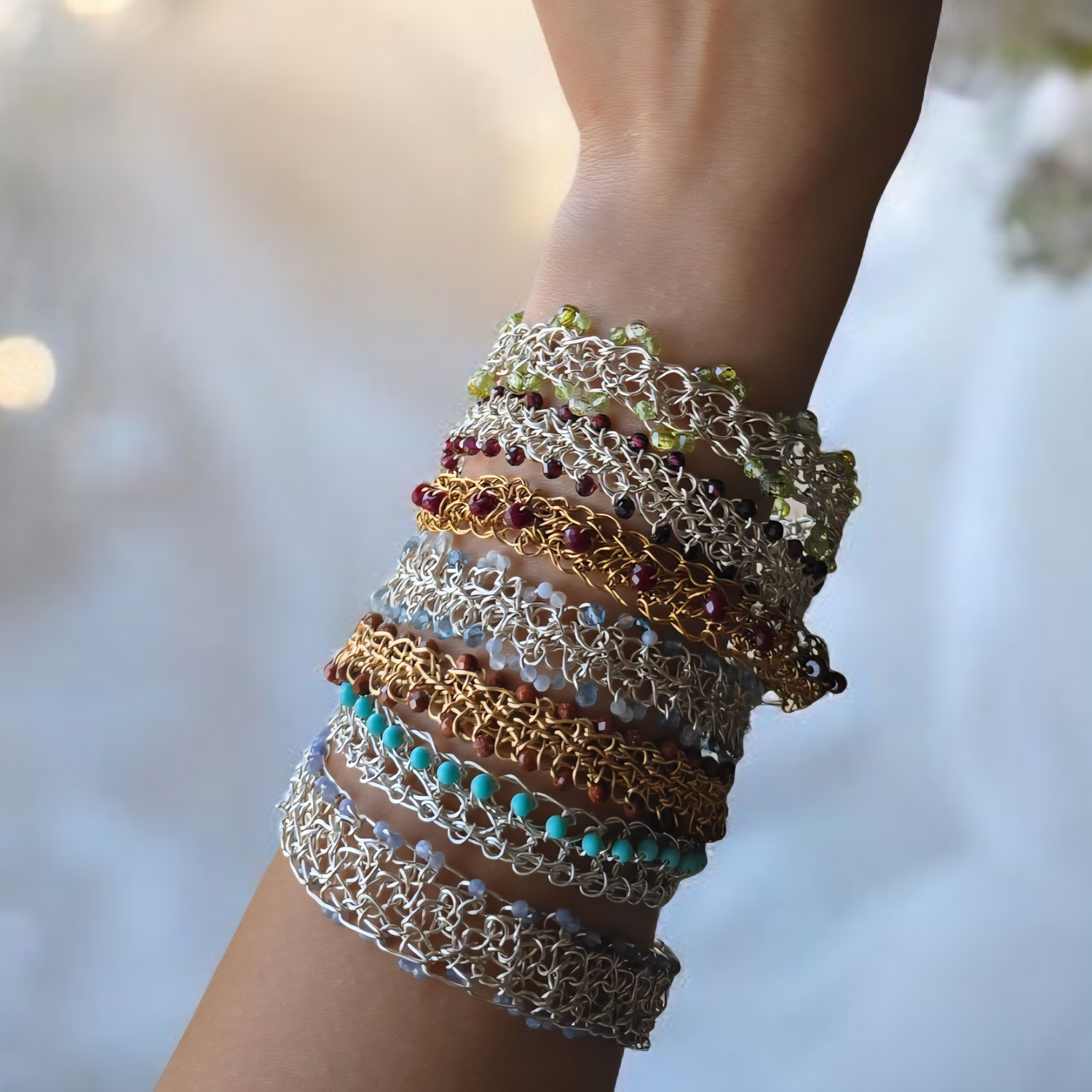 1 Gold or Silver gemstone bracelets &quot;Gem Cuffs&quot;  hand CroShaped© in signature wire pattern. Choose from garnet, amethyst, tanzanite, ruby, turquoise, peridot, aquamarine 