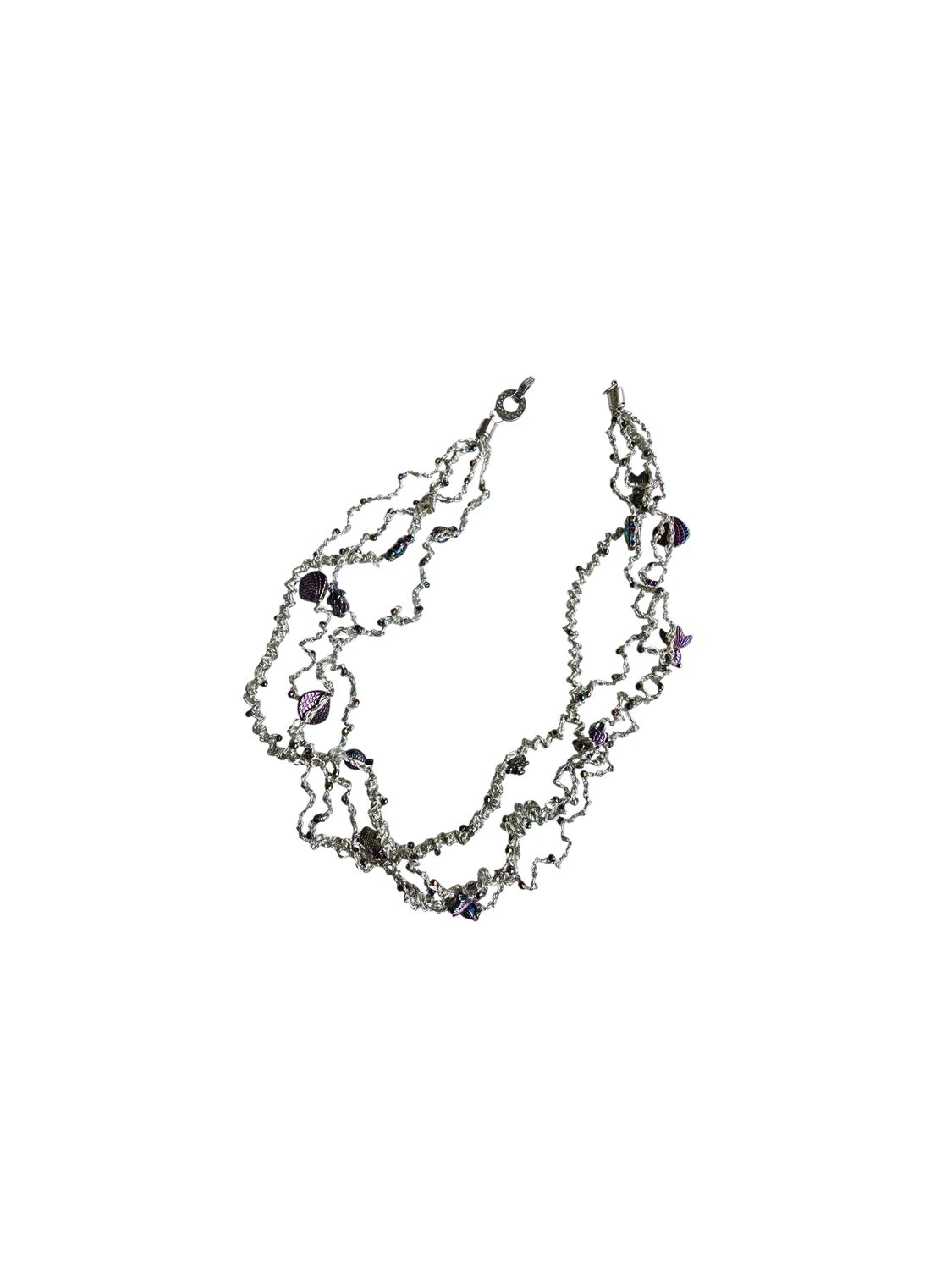 Silver Necklace &quot;Sea Vibes&quot; with rainbow turtles, fishes and hematite  hand CroShaped© in wire.