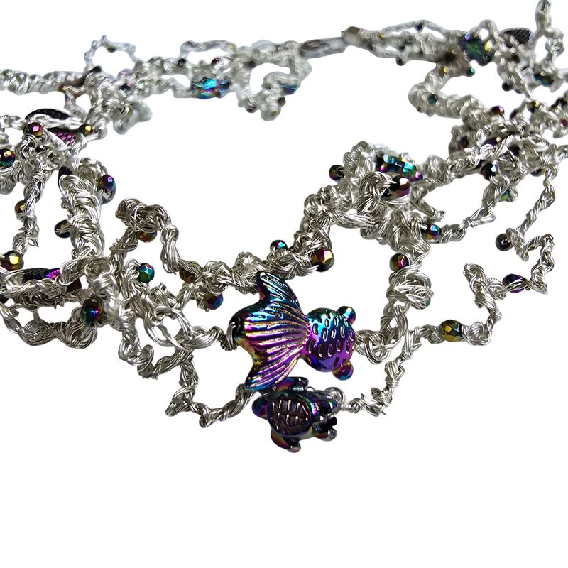 Necklace &quot;Sea Vibes&quot; with rainbow turtles, fishes and hematite  hand CroShaped© in wire.