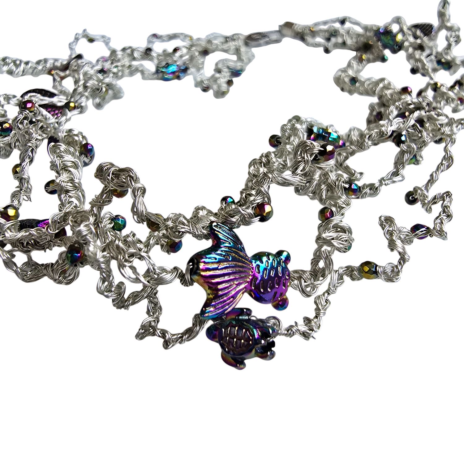Necklace &quot;Sea Vibes&quot; with rainbow turtles, fishes and hematite  hand CroShaped© in wire.