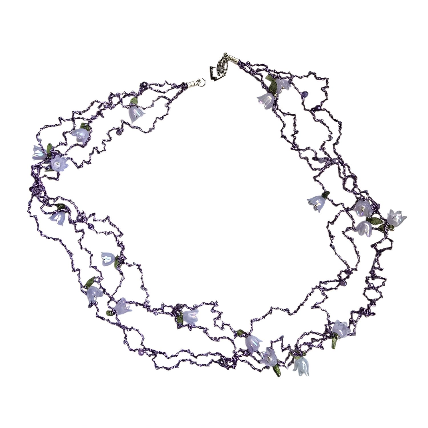 Purple Necklace &quot;Wisdom Vibes&quot; with flowers and cubic zirconia  hand CroShaped© in a signature wire pattern.