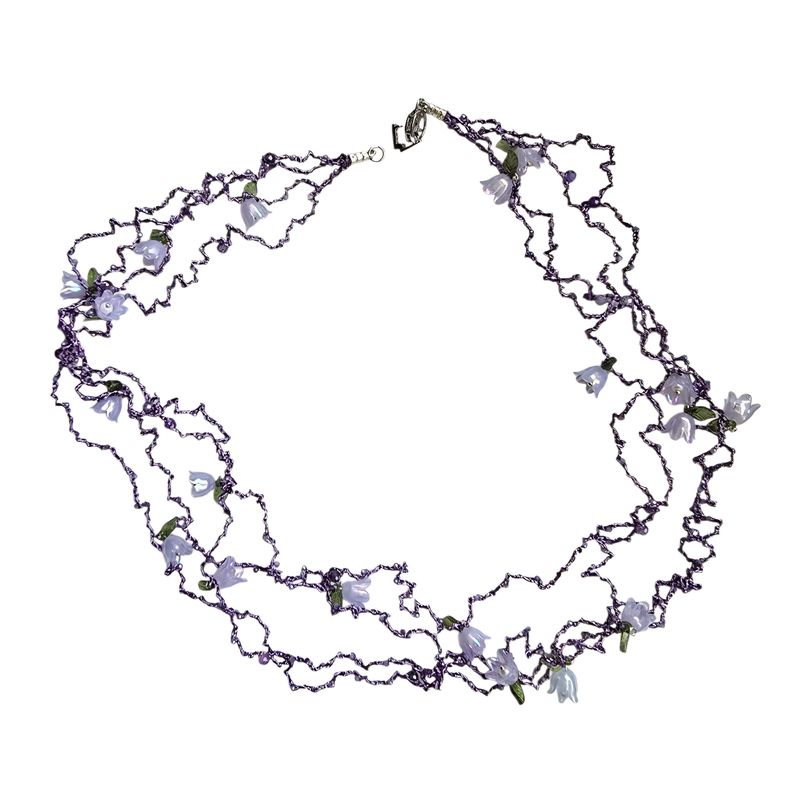 Purple Necklace &quot;Wisdom Vibes&quot; with flowers and cubic zirconia  hand CroShaped© in a signature wire pattern.
