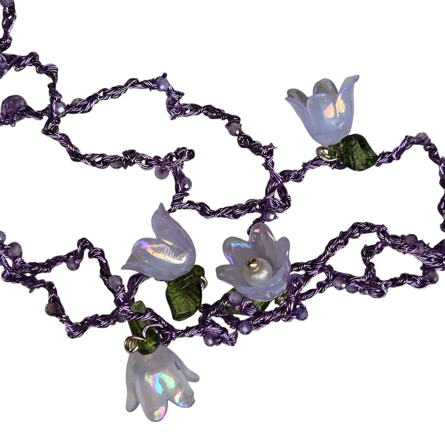 Necklace &quot;Purple Vibes&quot; with flowers and cubic zirconia  hand CroShaped© in a signature wire pattern.