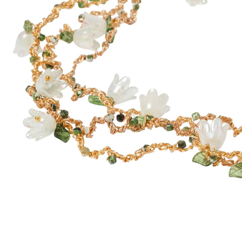 Gold Necklace &quot;Happy Vibes&quot; with pearly flowers and green agate hand CroShaped© in a signature wire pattern.