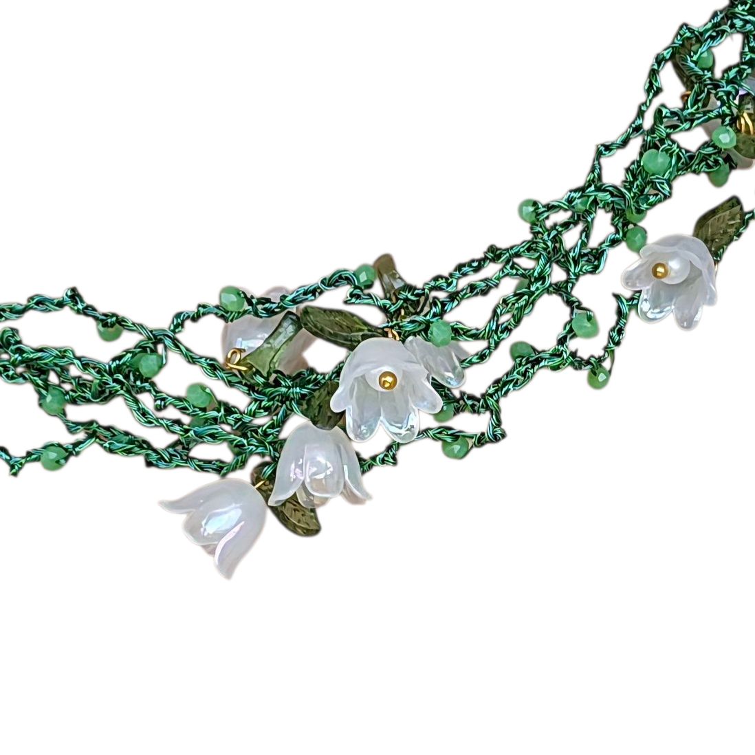 Necklace &quot;Green Vibes&quot; with flowers and cubic zirconia  hand CroShaped© in a signature wire pattern.