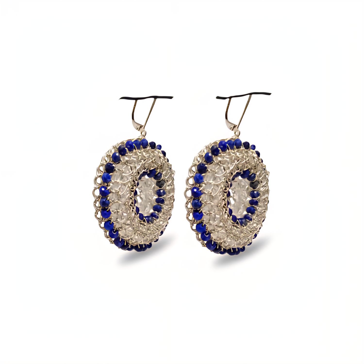 Silver Earrings &quot; Lapis ET&quot; with lapis lazuli CroShaped© in distinctive wire pattern.