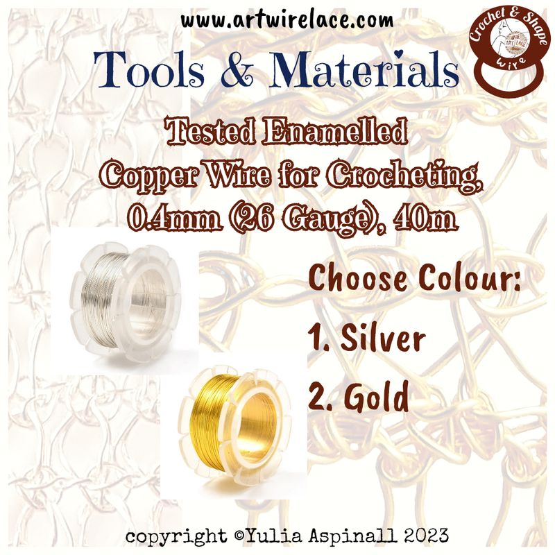 Wire to Crochet &amp; Shape, 26 Gauge (0.4mm), 20 m, anti tarnish copper silver or gold plated.