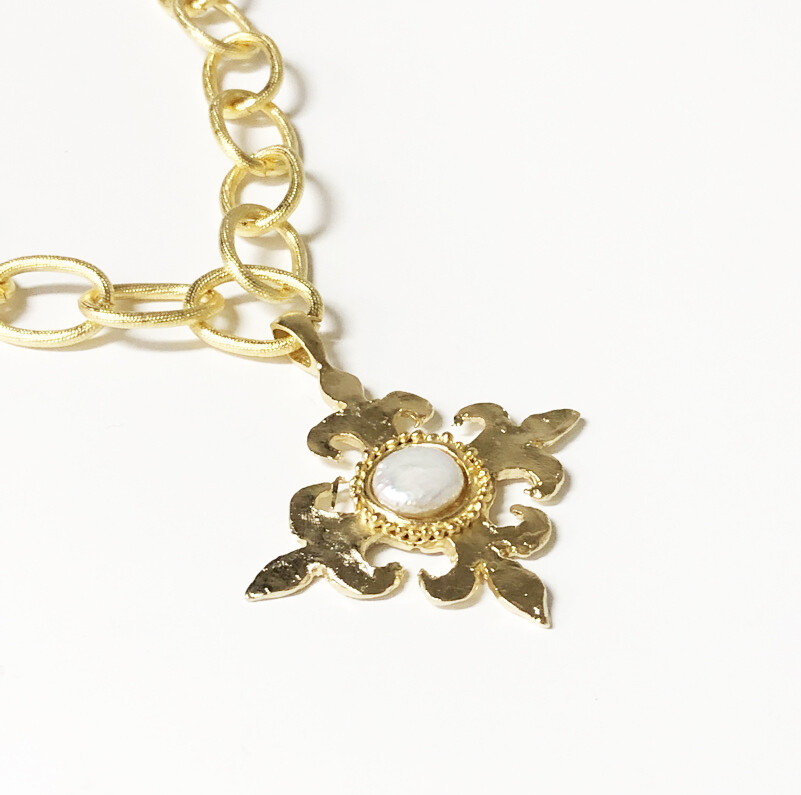 Gold Fleur Cross & Pearls Jewelry