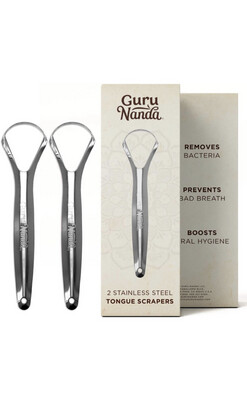 GuruNanda Stainless Steel Tongue Scraper (Pack of 2), Fights Bad Breath, Medical Grade 100% Stainless Steel, Great for Oral Hygiene, Tongue Cleaner for Adults and Kids