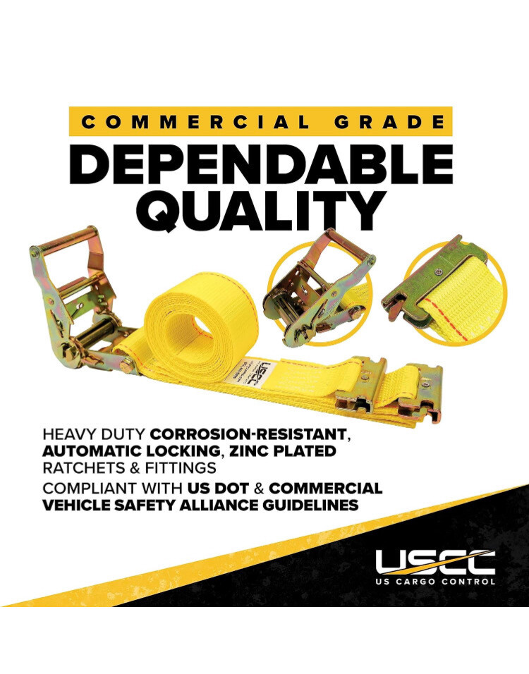 US Cargo Control E-Track Ratchet Straps 2 Inch x 12 Foot Heavy Duty Yellow ETrack Straps with 4 Foot Fixed End and Spring E-Fittings, 1,467 lbs. Working Load Limit, Logistic Ratchet Straps