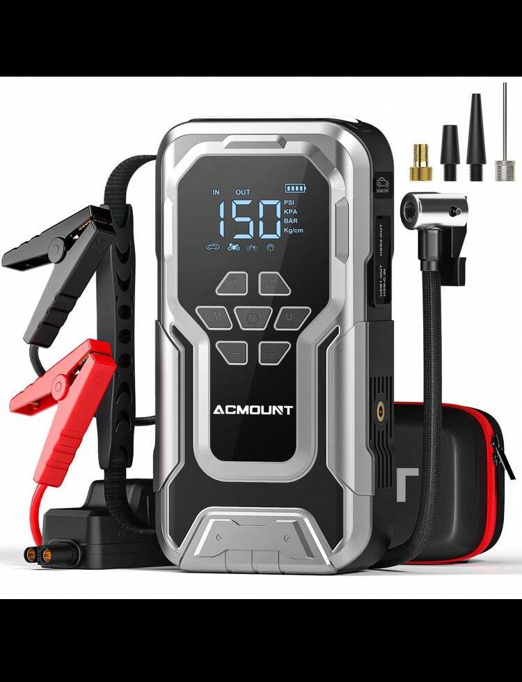 Car Jump Starter With Air Compressor, 3500A 12V Lithium Battery Jump Box With 150PSI Tire Inflator For Up To 10.0L Gas &amp; 8.0L Engines, Portable Power Bank With 3 Modes LED Light Jumper Pack