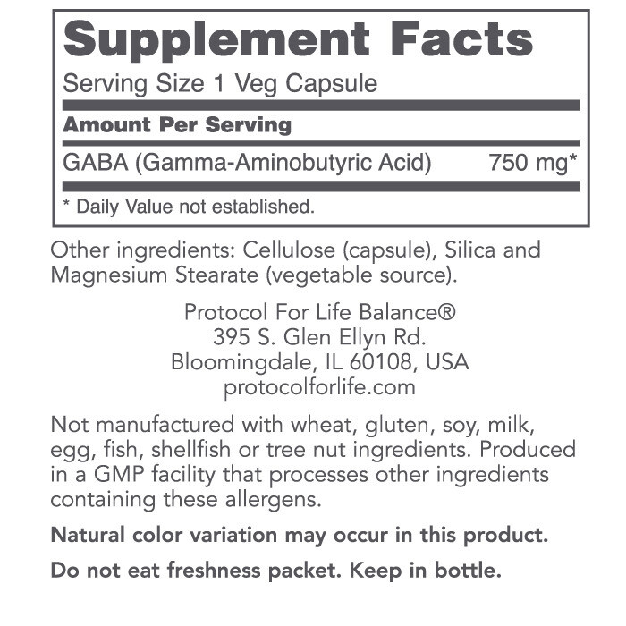 GABA 750mg 120cap Protocol for Life Balance (4 or more $15.99 each)