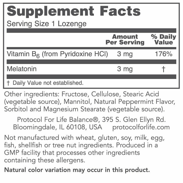 Melatonin 3mg 120 lozenges Protocol for Life Balance (4 or more $9.99 each) Melatonin 3mg 120 lozenges Protocol for Life Balance (4 or more $9.99 each)