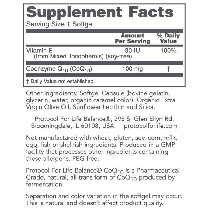 CoQ10 100mg 90 gel Protocol for Life Balance (4 or more $27.99 each) CoQ10 100mg 90 gel Protocol for Life Balance (4 or more $27.99 each)
