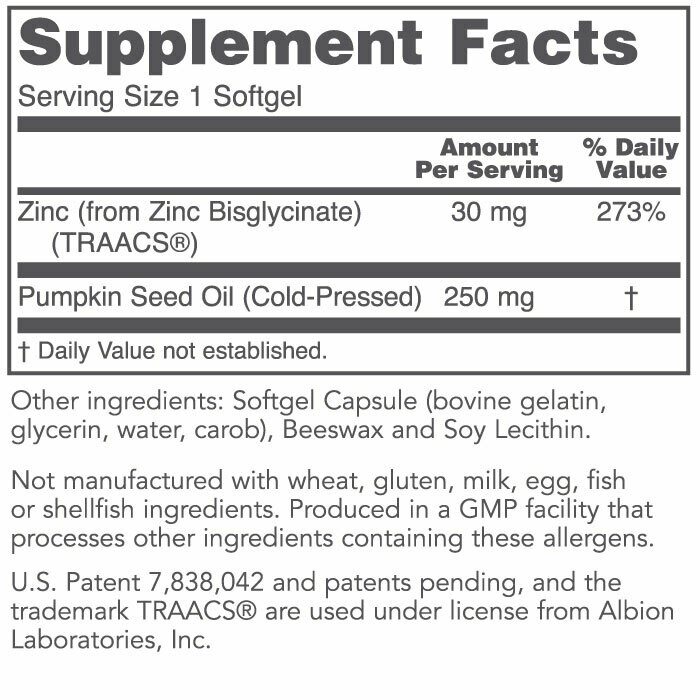 Zinc Glycinate 30mg 120gel Protocol for Life Balance (4 or more $11.99 each)