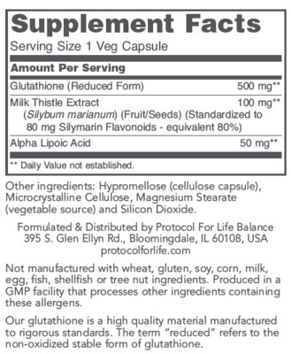 Glutathione 500 mg 60 Cap Protocol for Life Balance (4 or more $27.99 each)