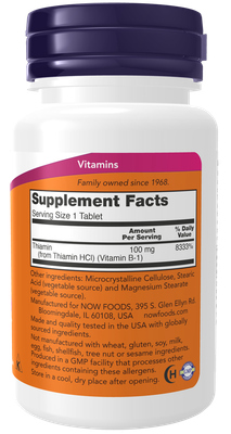 B1 Thiamine 100 mg 100 tab Now Foods (4 or more $8.99 each)