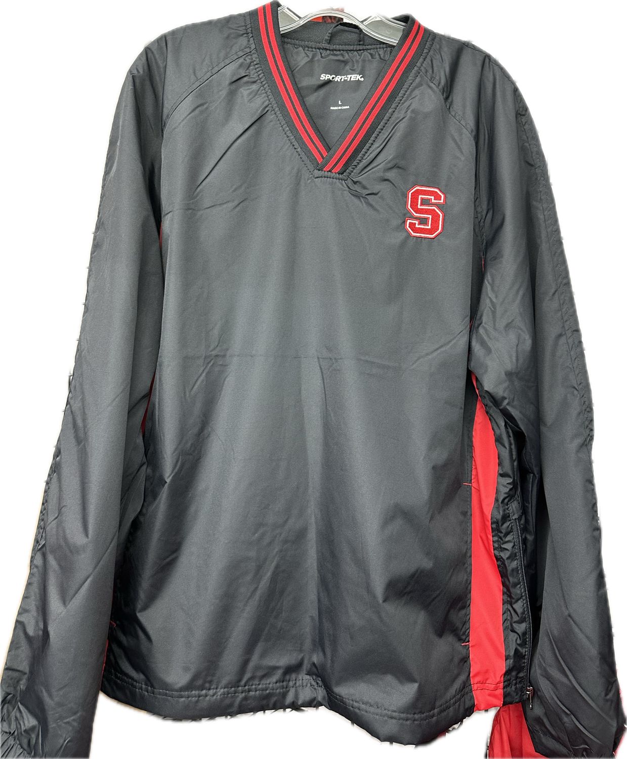 BLACK/RED- Sport-Tek® Tipped V-Neck Raglan Wind Shirt-