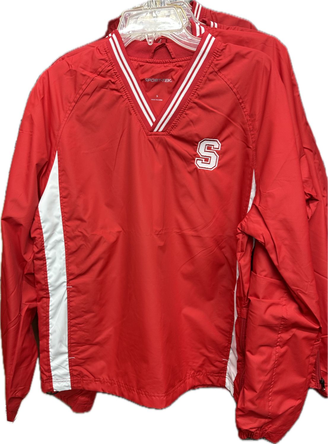 RED/WHITE -- ADULT MEDIUM only - Sport-Tek® Tipped V-Neck Raglan Wind Shirt-