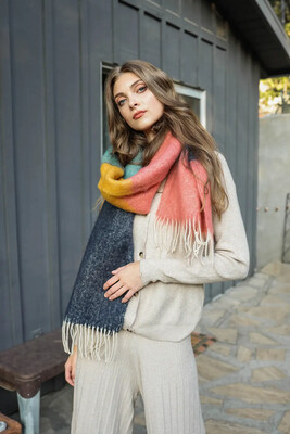 Color Block Soft Faux Mohair Scarf - Rose/Navy
