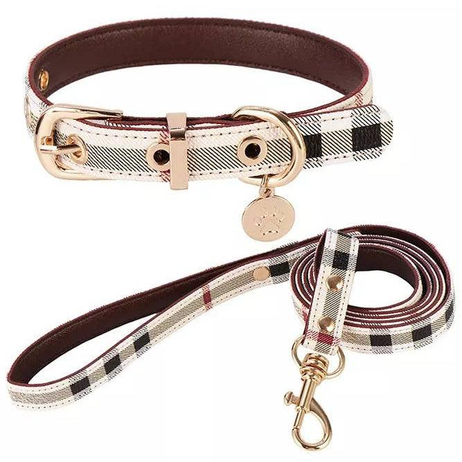 Plaid Dog Collar & Leash Set, Cream