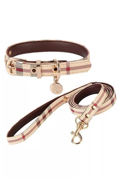 Plaid Dog Collar & Leash Set, Tan