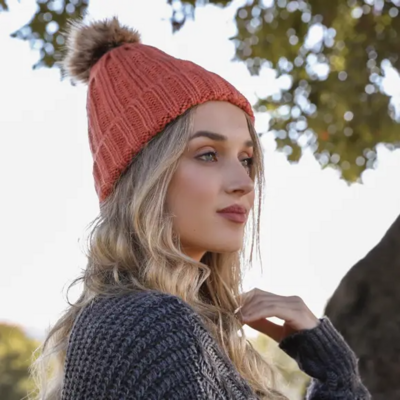 Ribbed Faux Fur Pom Beanie, Persimmon