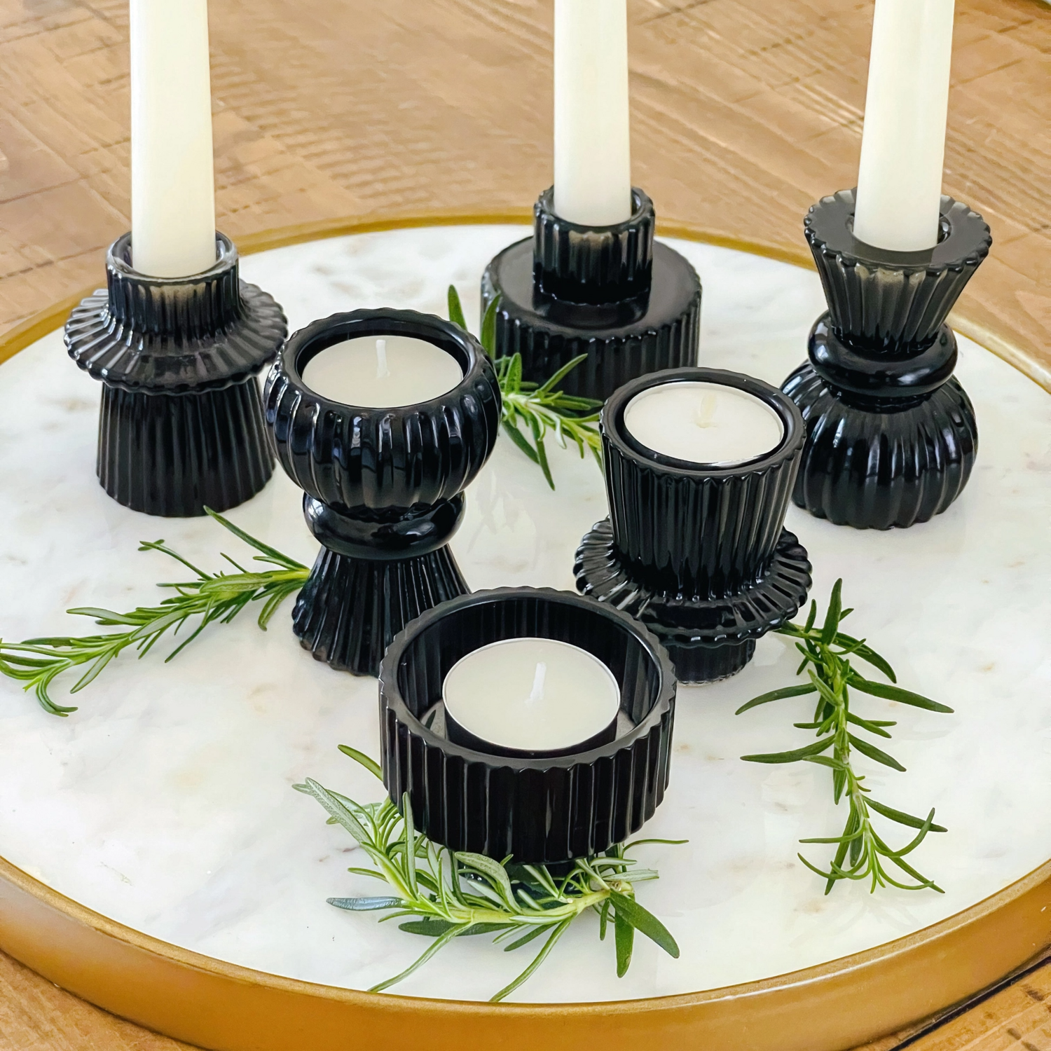 Vintage Ribbed Glass Candle Holder - Black