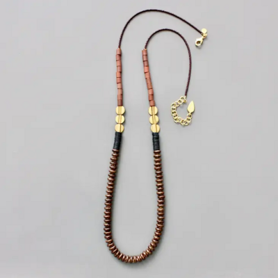 Long Beaded Wood and Glass Necklace