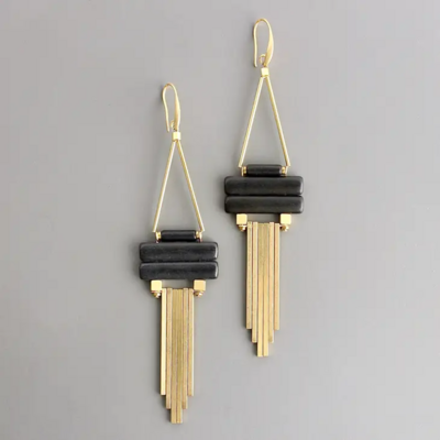 Geometric Black Magnesite and Brass Earrings
