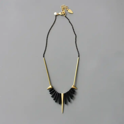 Geometric Black Agate and Brass Spike Necklace