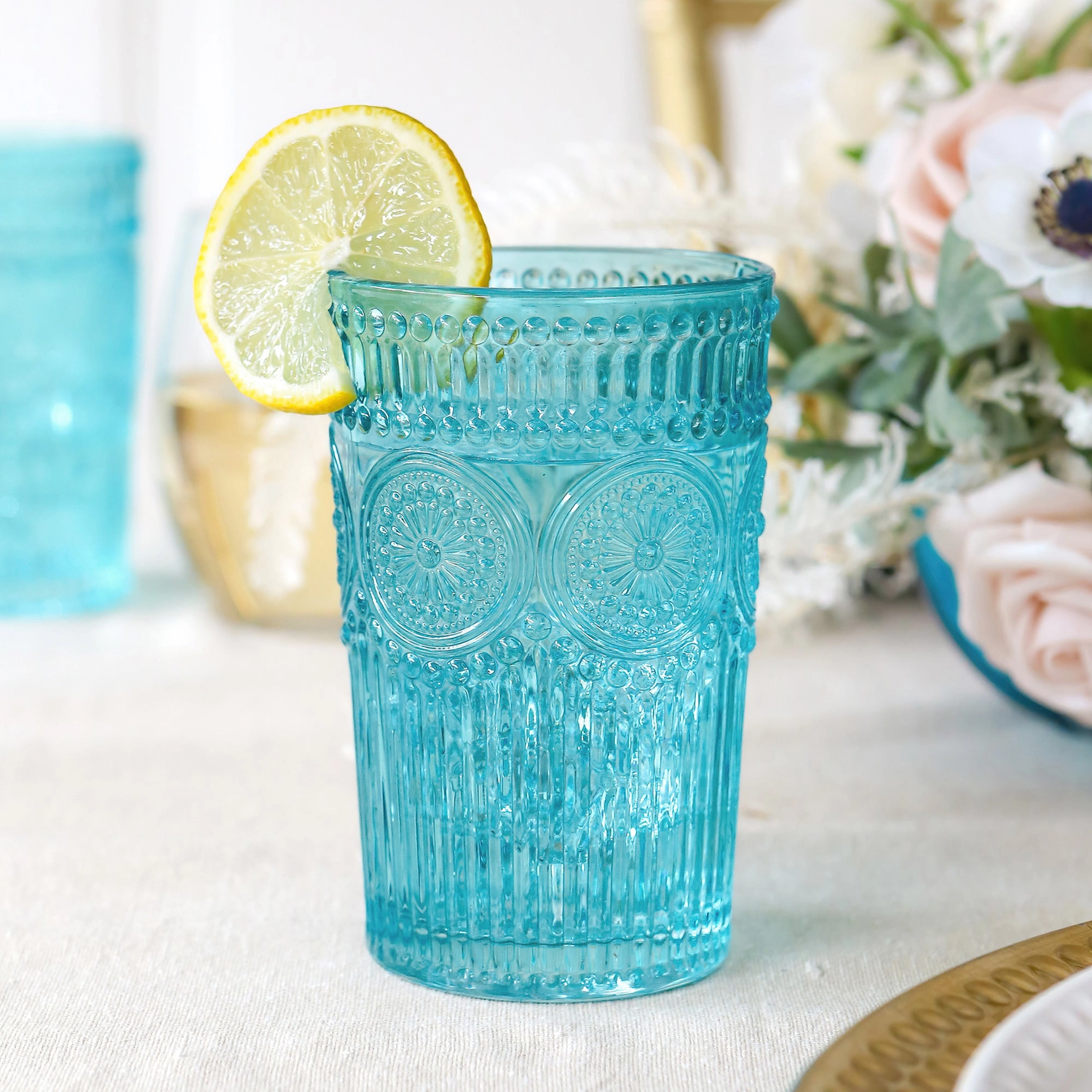 Vinrtage Textured Aqua Blue Glass - 13 oz
