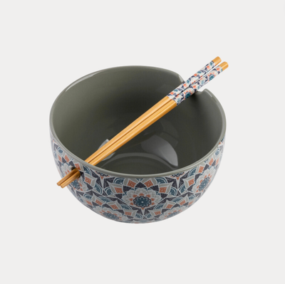 Ramen Noodle Bowl w/ Chopsticks - Geo Floral