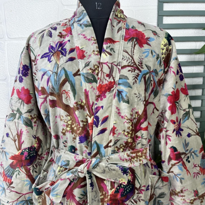 Luxury Velvet Robe, Steel Gray Floral/Bird Motif