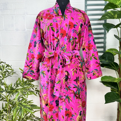 Luxury Velvet Robe, French Rose Pink Floral/Bird Motif