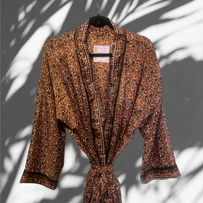 Recycled Silk Robe, Brown, Black &amp; Bone