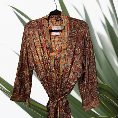 Recycled Silk Robe, Burgundy, Burnt Umber &amp; Tan
