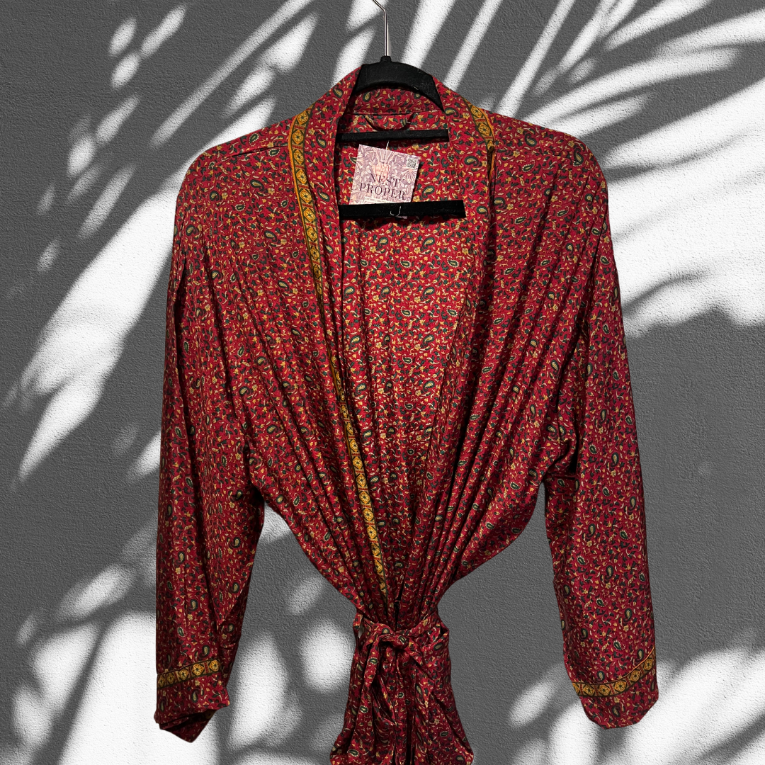 Recycled Silk Robe, Burgundy, Green &amp; Gold